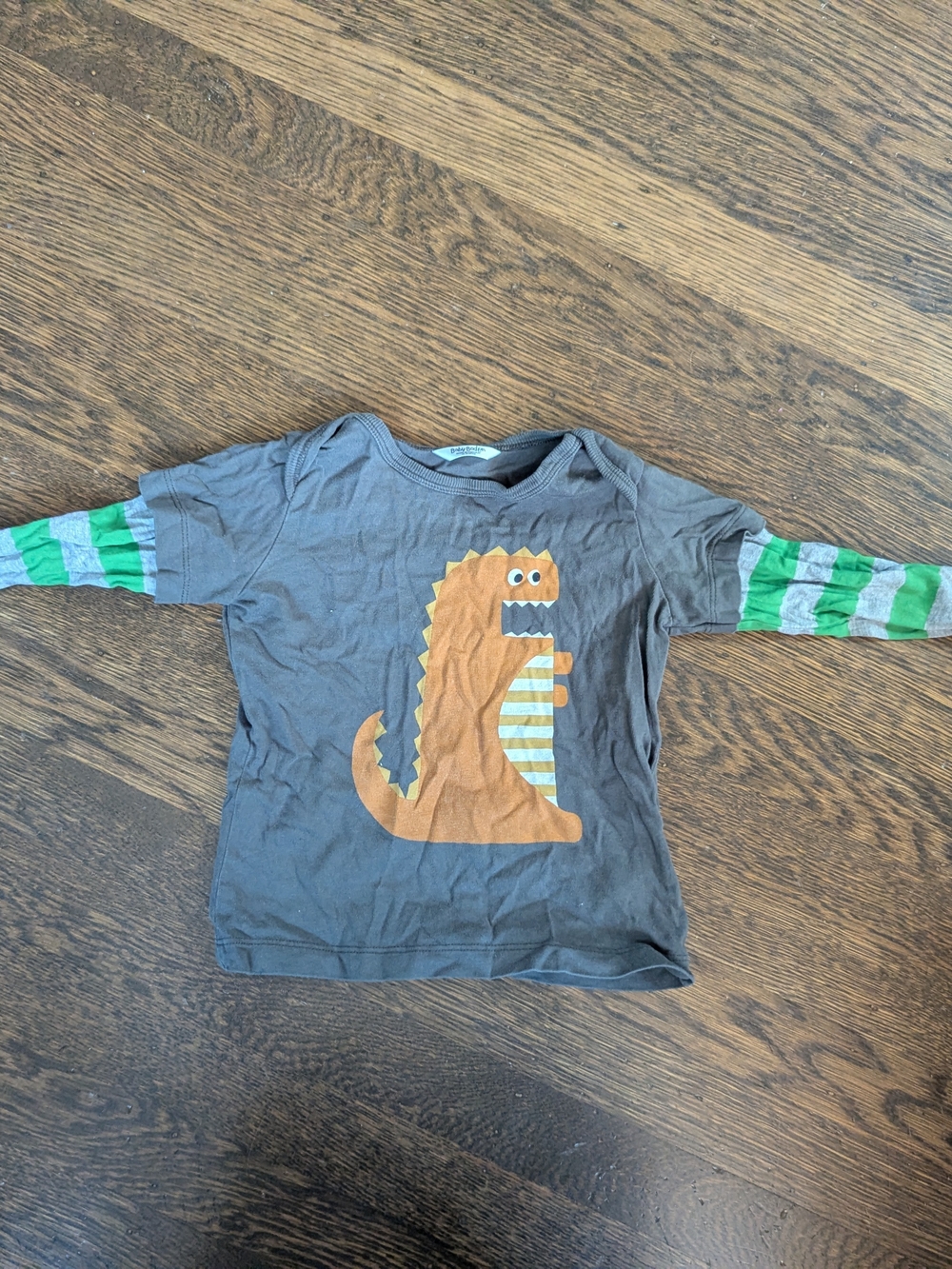 Baby Boden 2011 Dinosaur Layered Sleeve Tee 12-18M Gray Striped Twofer